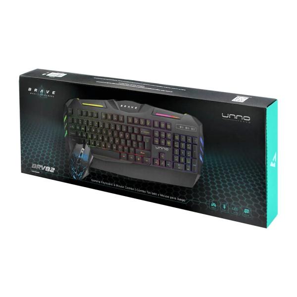 TECLADO Y MOUSE UNNO TEKNO BRV82 GAMING USB INGLÉS NEGRO