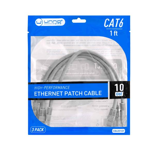 CABLE PATCH CORD ETHERNET CAT6 1FT 3 PACK UNNO TEKNO CB4301GY