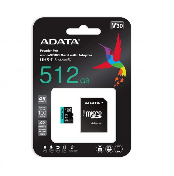 MEMORIA MICRO SDXC 512GB ADATA AUSDX512GUI3V30SA2-RA1 CLASE 10 100 MB/S 85 MB/S