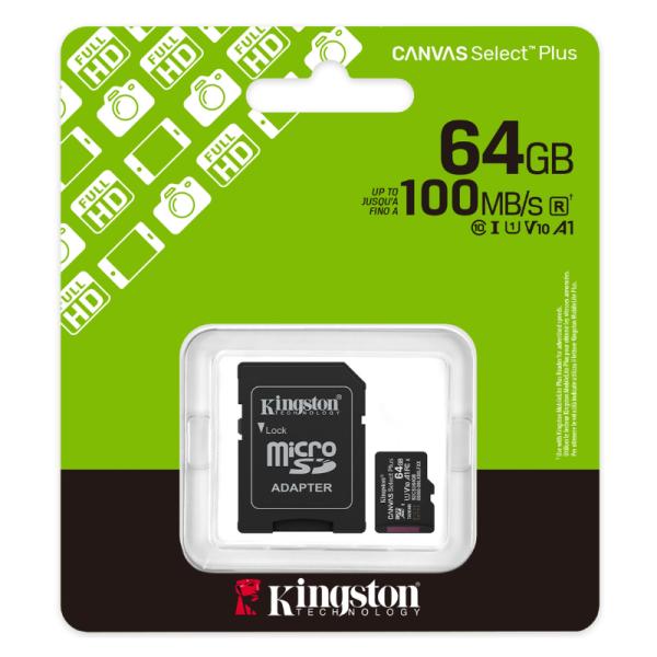 MEMORIA MICRO SDXC 64GB KINGSTON CLASE 10 UHS-I U1 100 MB/S PARA DISPOSITIVOS Y